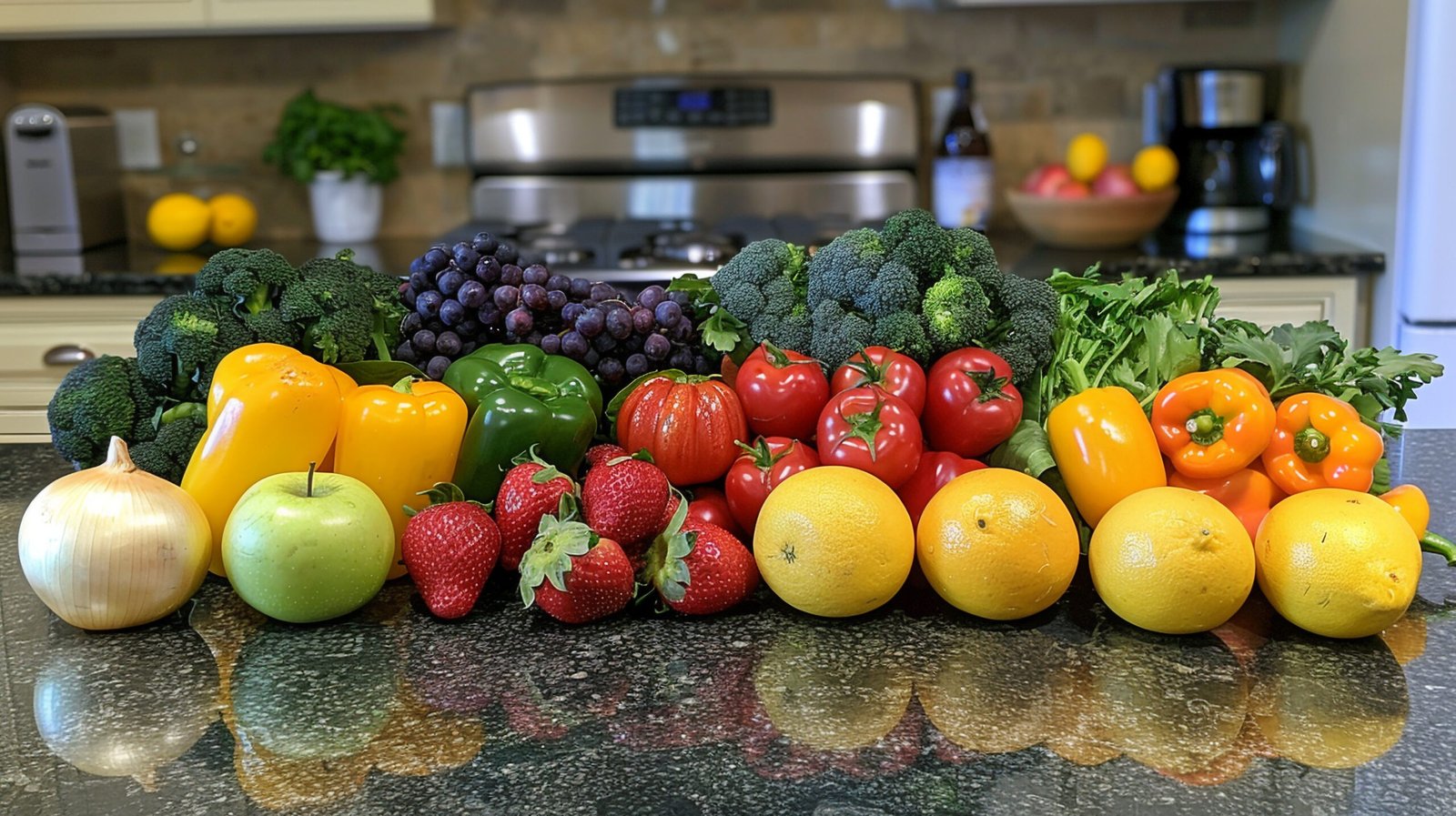 A colorful assortment of fresh fruits and vegetables on a kitchen counter